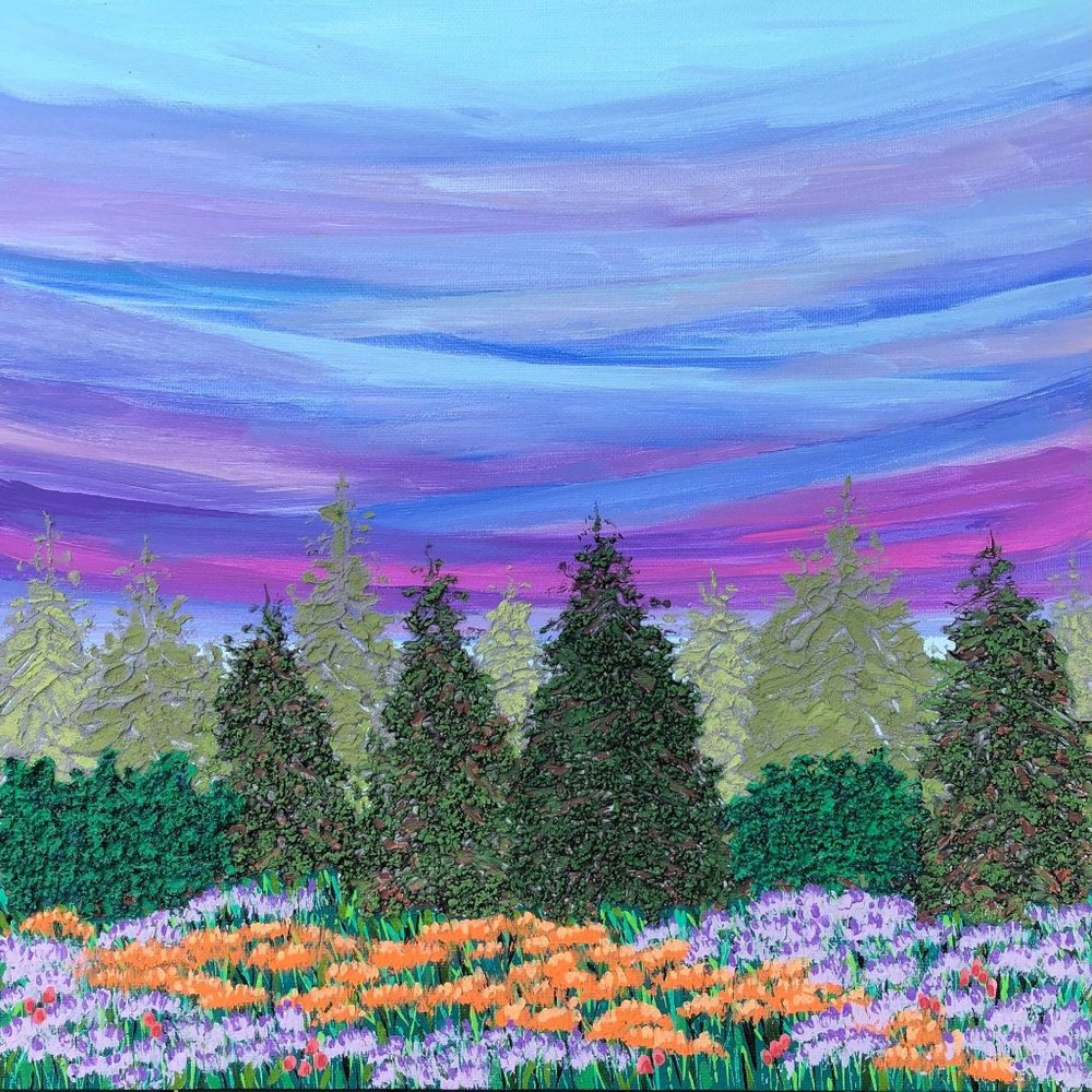 Twilight Evergreens Landscape Painting, Acrylic
